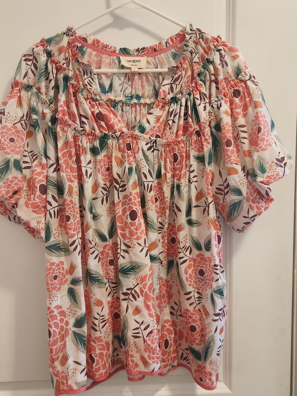 Umgee Coral & Teal Floral Peasant Blouse